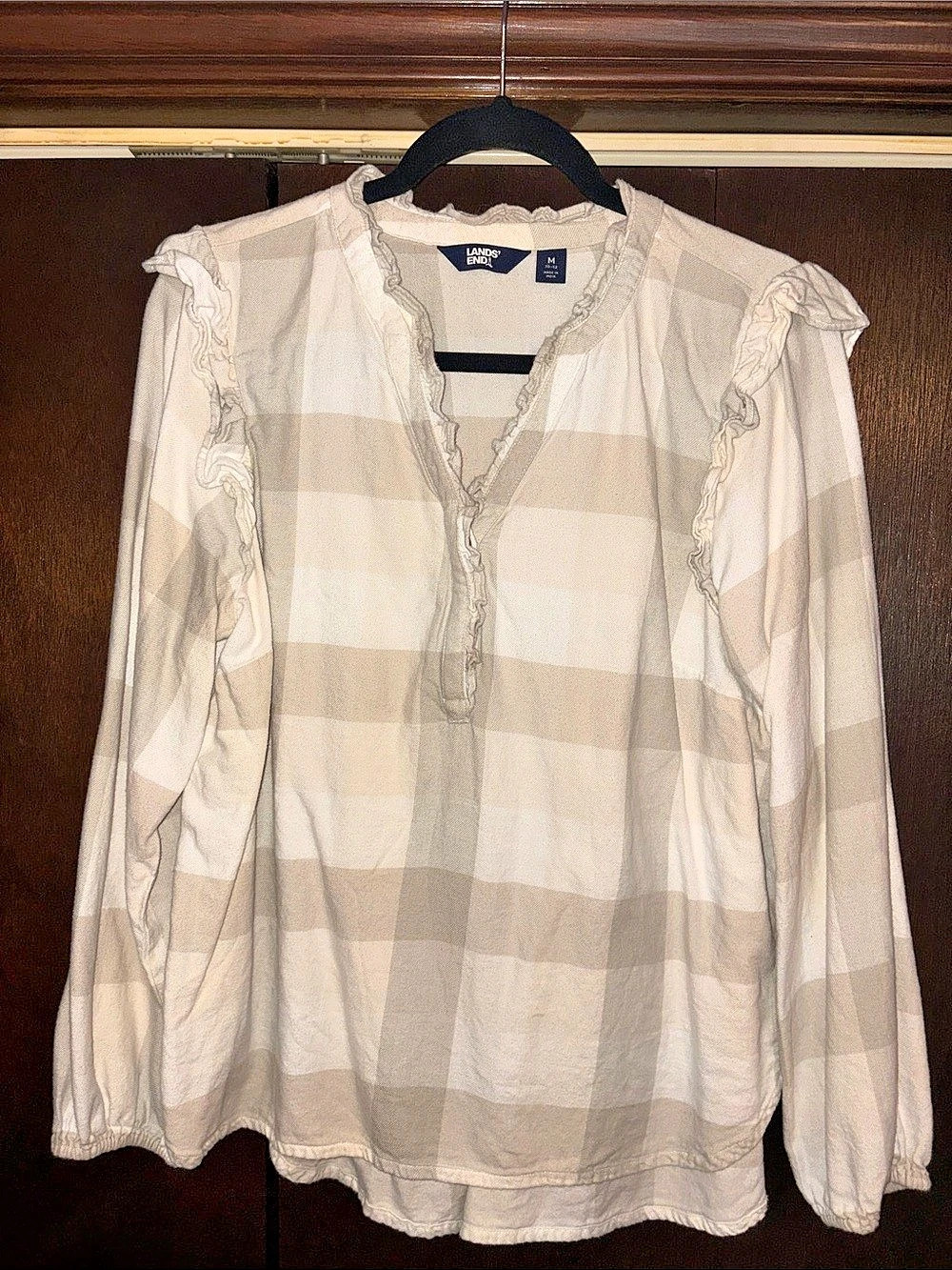 Lands' End Women's Ruffle Front Flannel Popover Blouse Beige & White Medium